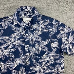 Cotton Hawaiian Shirt Men M Blue White Palm Leaf Print S/S Vacation Cruise Beach